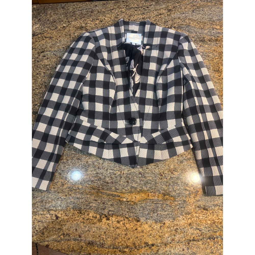 Tracy Reese Black White Buffalo Check‎ Textured Cropped Blazer Jacket Size 2